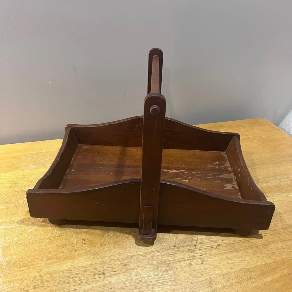 Vtg Primitive Rustic Wooden Caddy Tray Handle Farmhouse Centerpiece 19.5